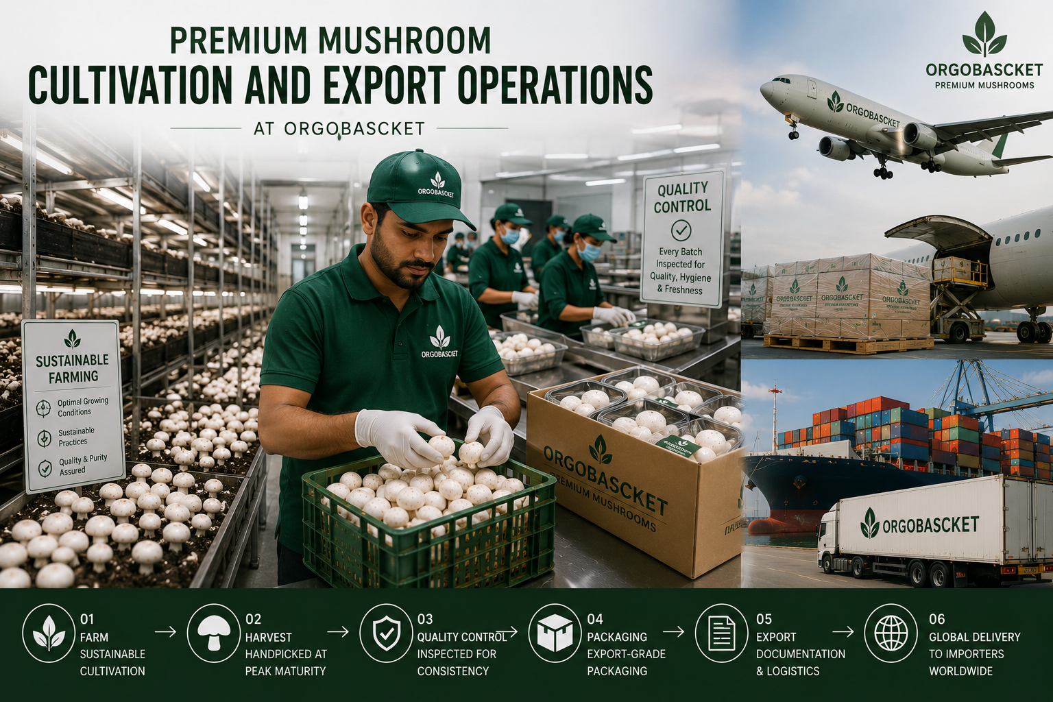 Premium mushroom cultivation and export operations at ORGOBASCKET
