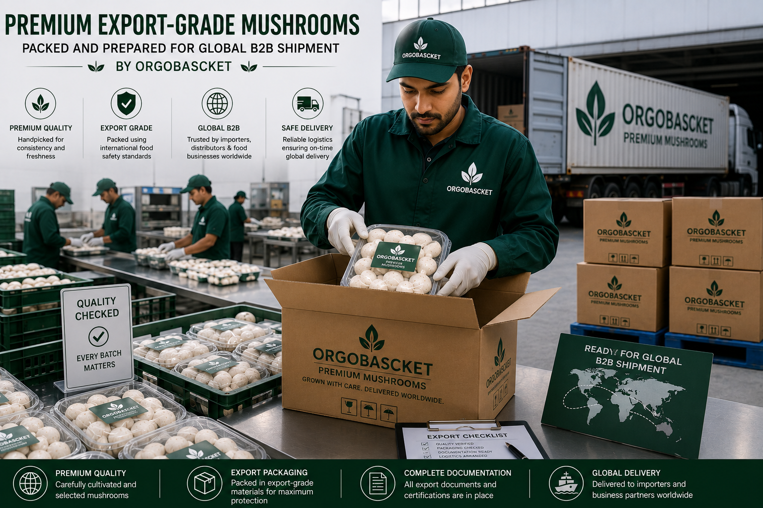 Premium export-grade mushrooms packed and prepared for global B2B shipment by ORGOBASCKET